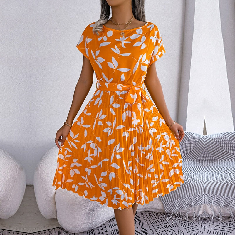 New Fashion Floral Pleated A Line Long Dress