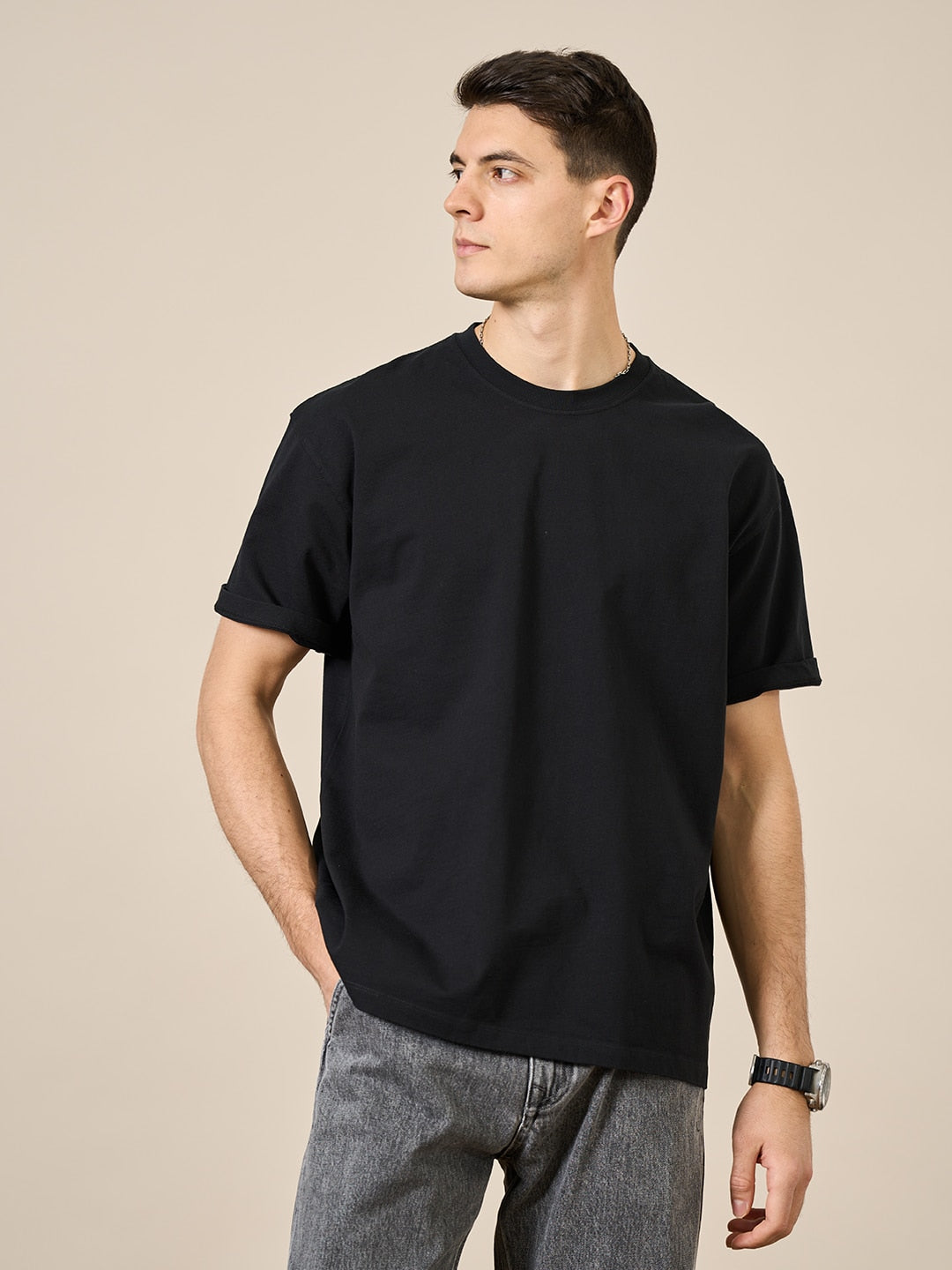 Men High Quality Solid Color Drop Sleeve Loose Tshirts