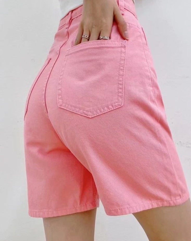 Summer High Waist Pockets Wide Leg Denim Shorts