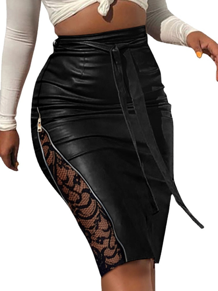KREYOL BLACK ABOVE KNEE LEATHER MINI SKIRT