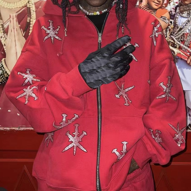 2022 Winter American Y2k High Street Red Black Hoodie