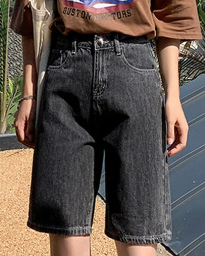 Summer High Waist Pockets Wide Leg Denim Shorts