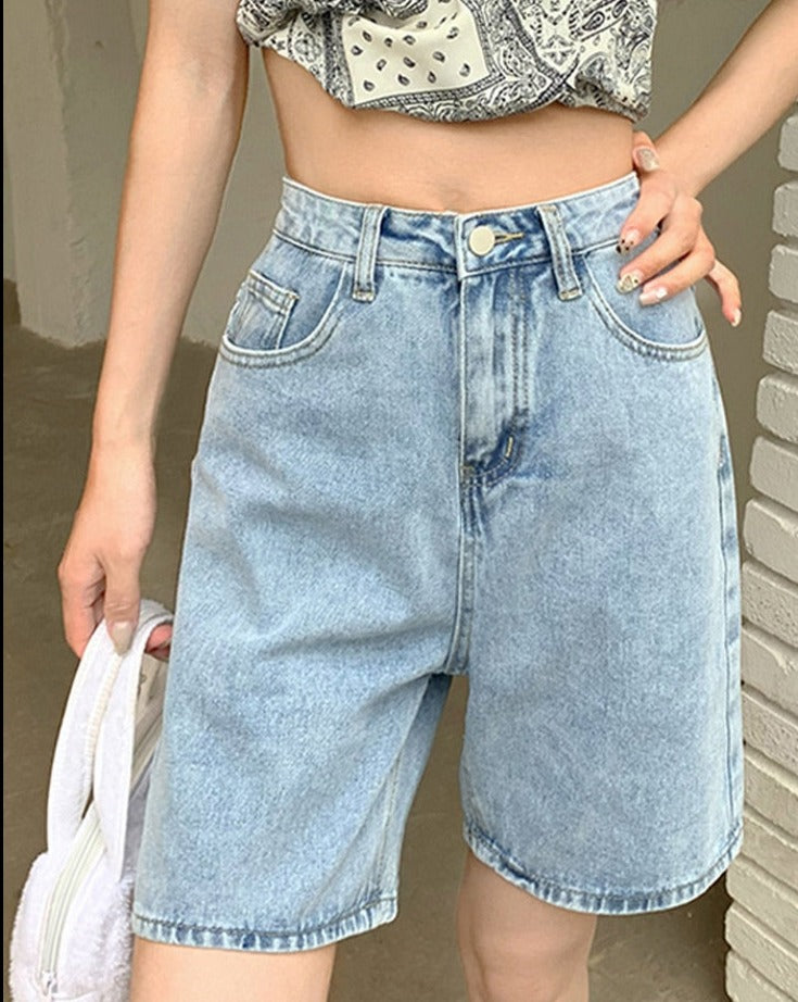 Summer High Waist Pockets Wide Leg Denim Shorts