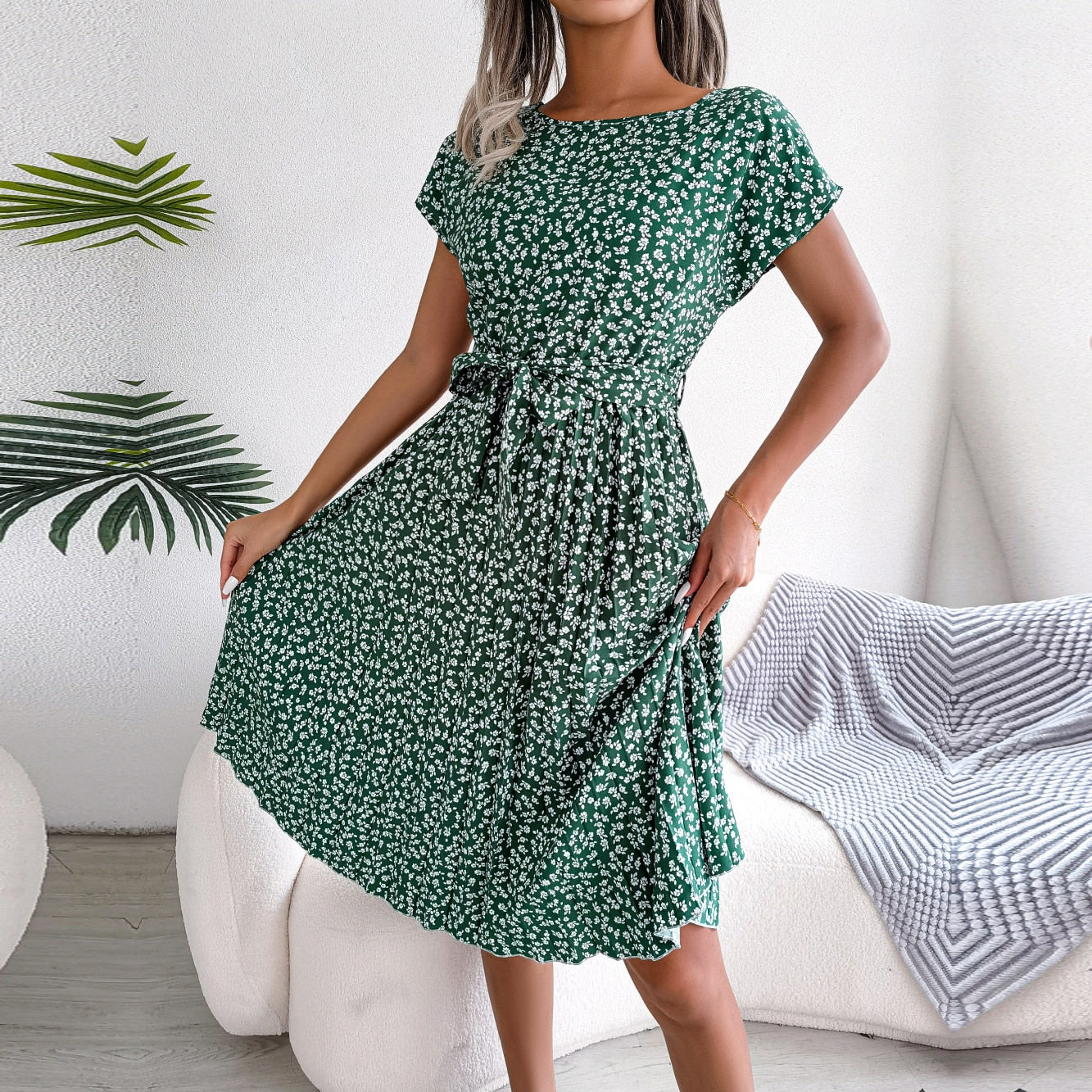 New Fashion Floral Pleated A Line Long Dress