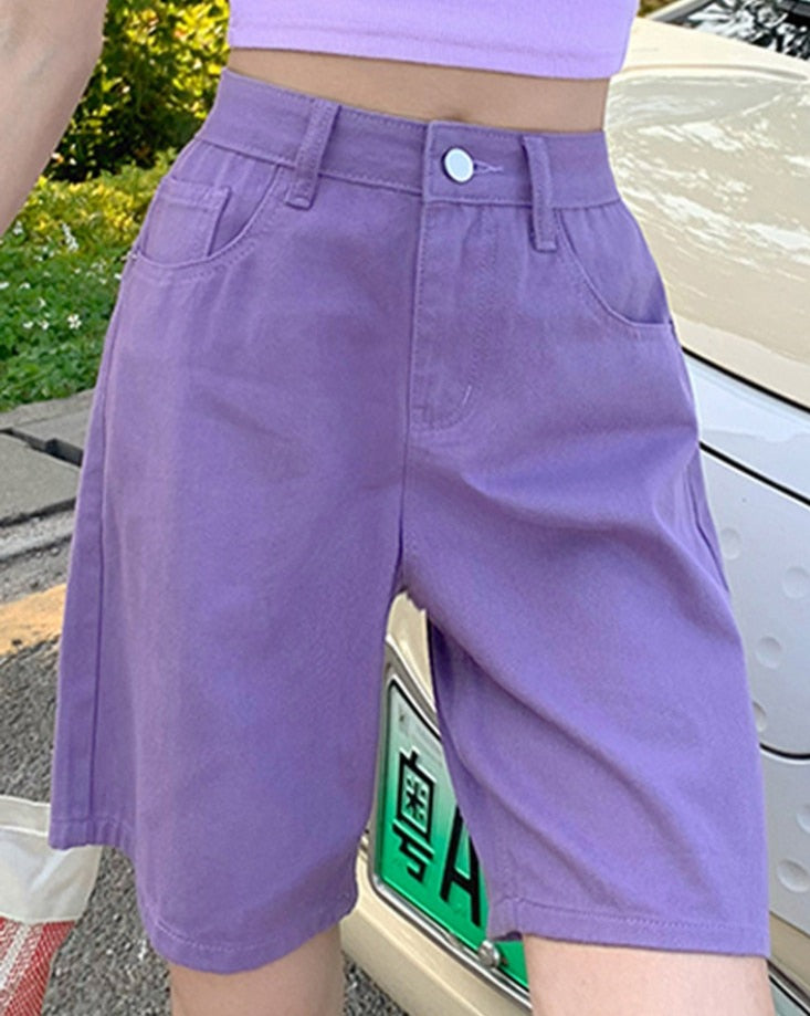 Summer High Waist Pockets Wide Leg Denim Shorts