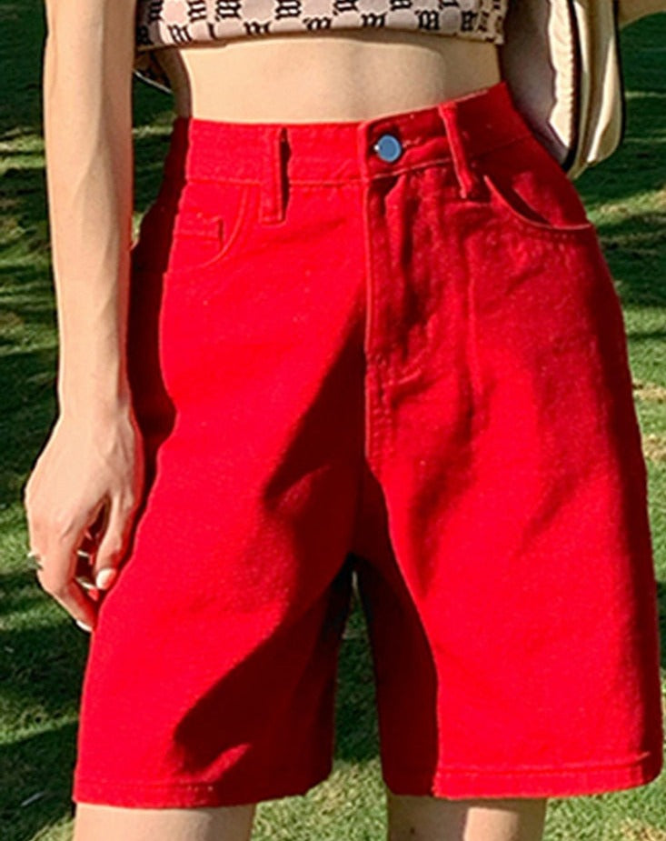 Summer High Waist Pockets Wide Leg Denim Shorts