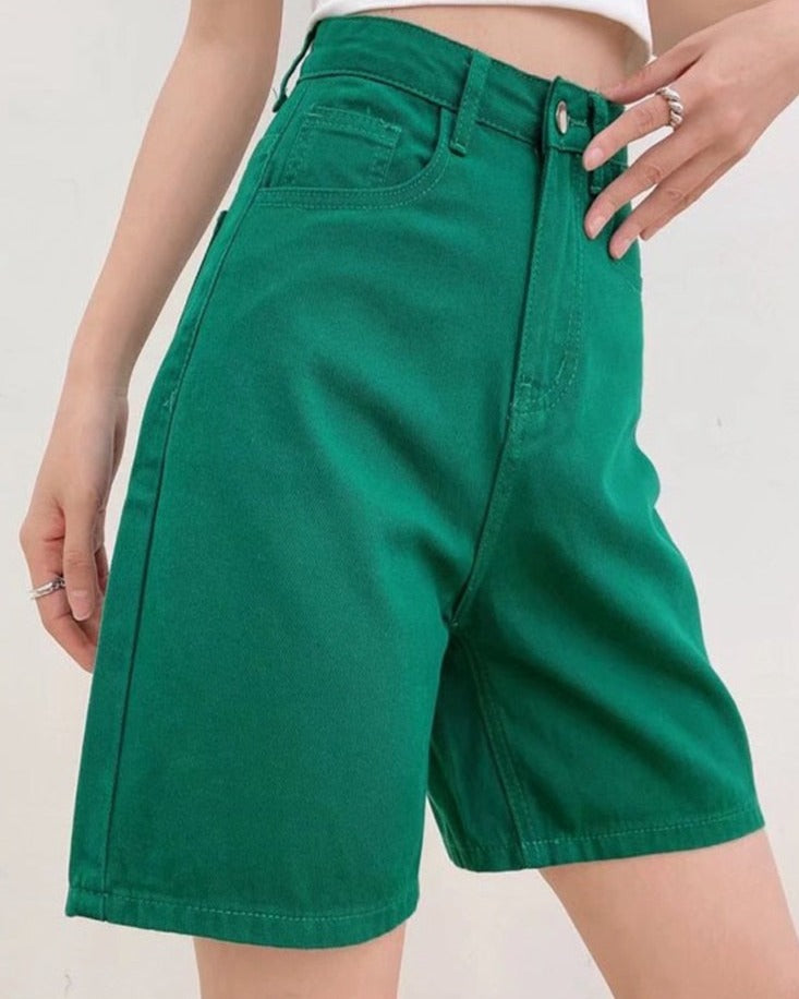 Summer High Waist Pockets Wide Leg Denim Shorts