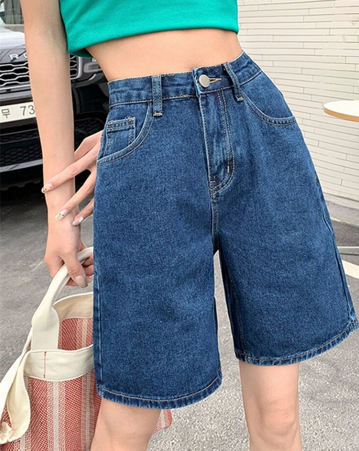 Summer High Waist Pockets Wide Leg Denim Shorts