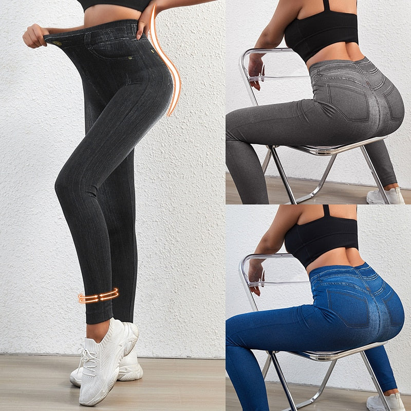High Waist Leggings Faux Denim Jeans