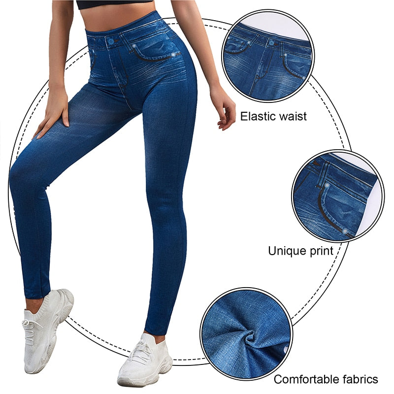 High Waist Leggings Faux Denim Jeans