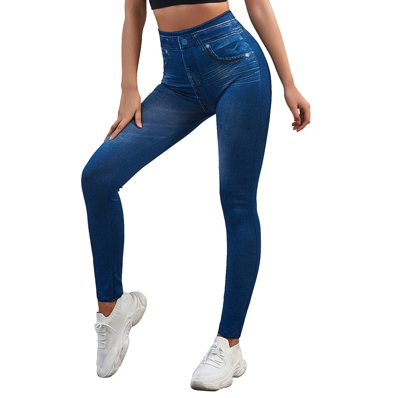 High Waist Leggings Faux Denim Jeans