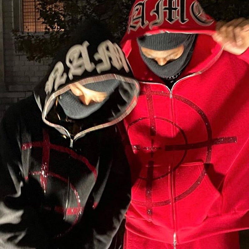 2022 Winter American Y2k High Street Red Black Hoodie