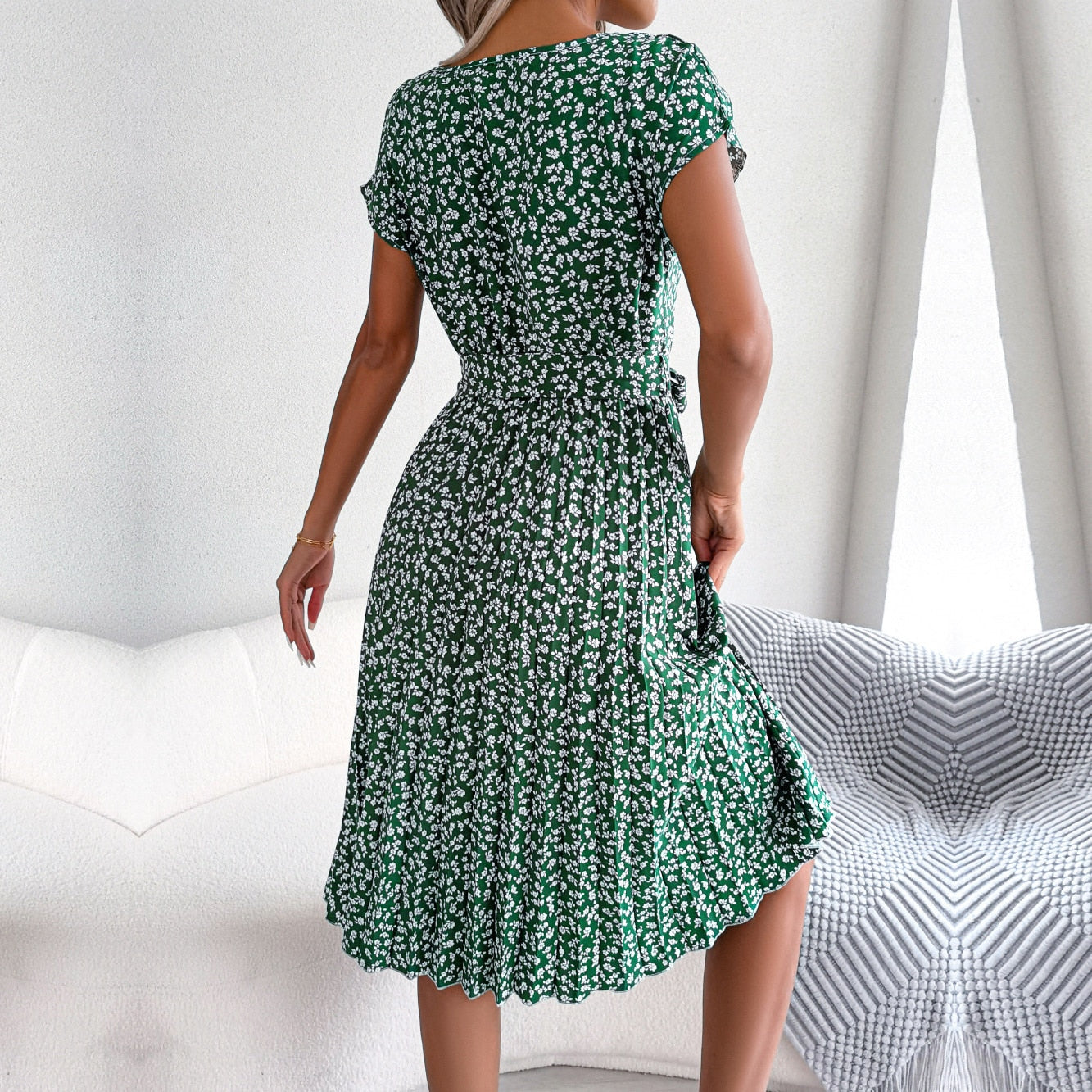 New Fashion Floral Pleated A Line Long Dress