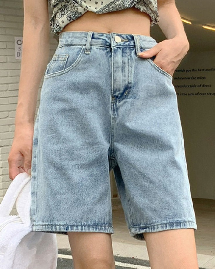 Summer High Waist Pockets Wide Leg Denim Shorts