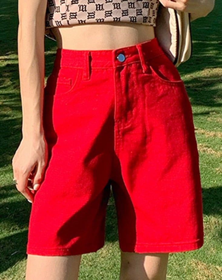 Summer High Waist Pockets Wide Leg Denim Shorts