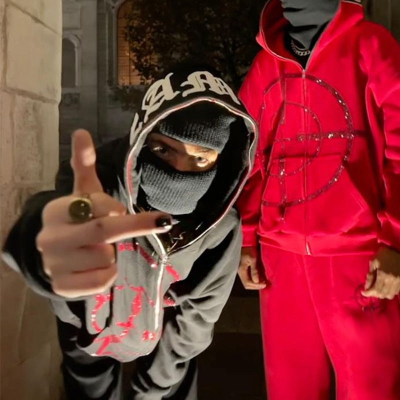 2022 Winter American Y2k High Street Red Black Hoodie
