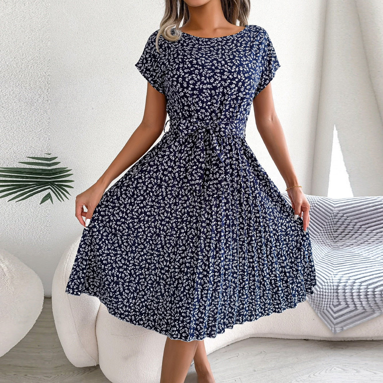 New Fashion Floral Pleated A Line Long Dress