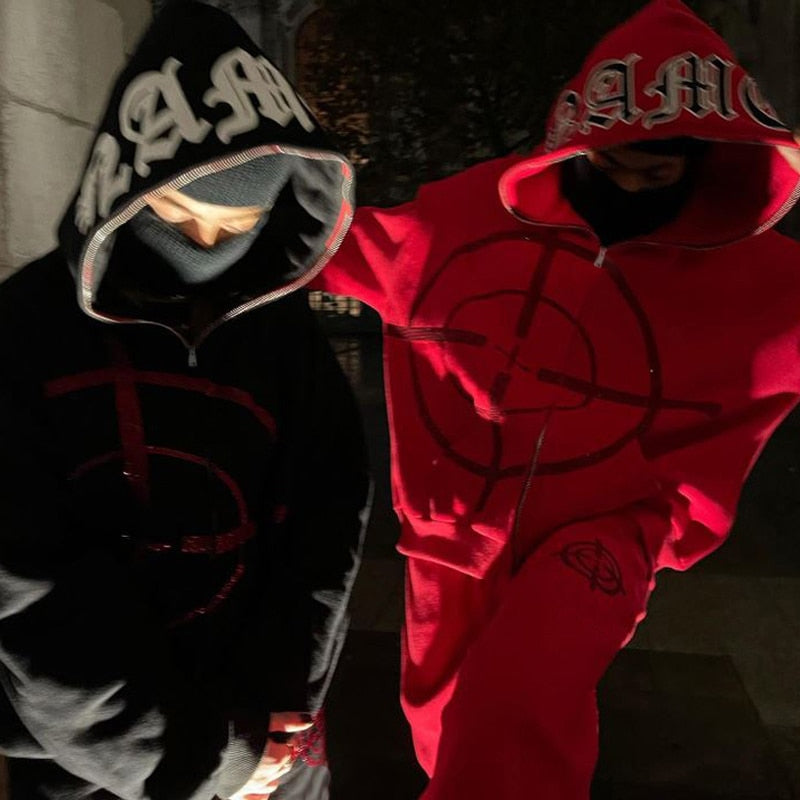 2022 Winter American Y2k High Street Red Black Hoodie