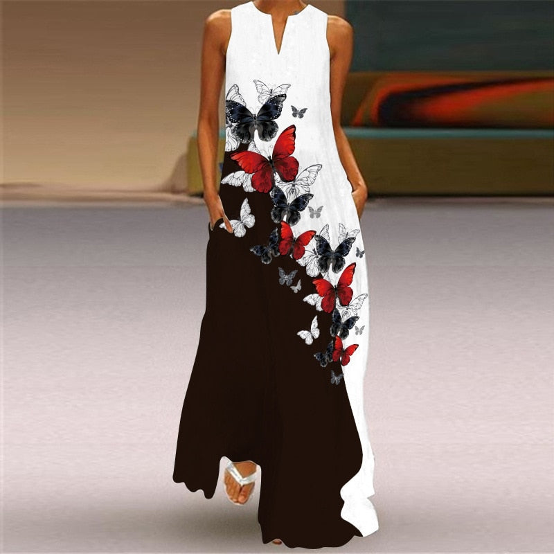 Summer Boho Sleeveless V-Neck Long Dress