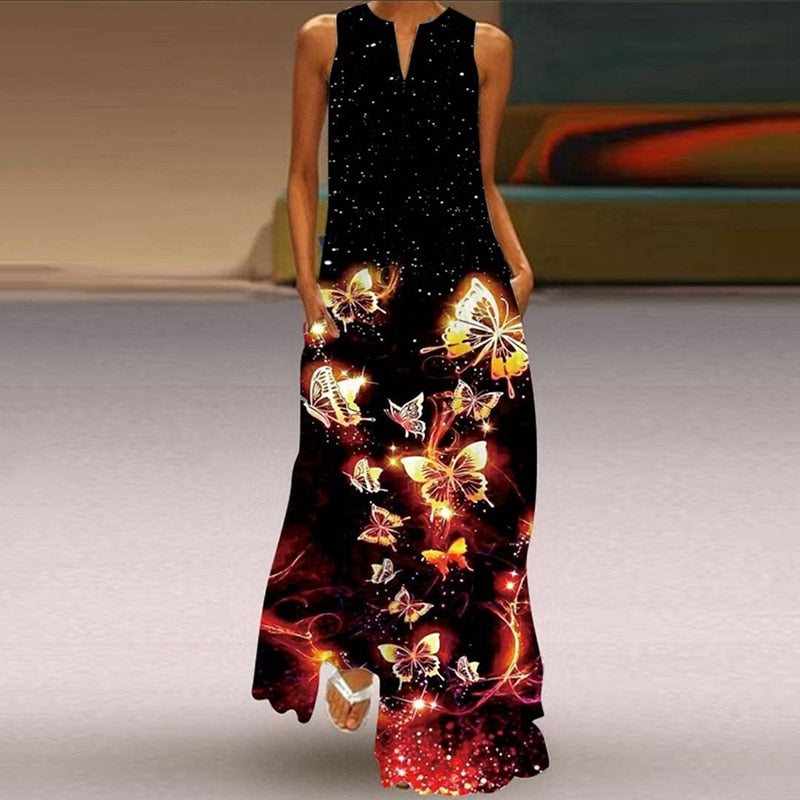 Summer Boho Sleeveless V-Neck Long Dress