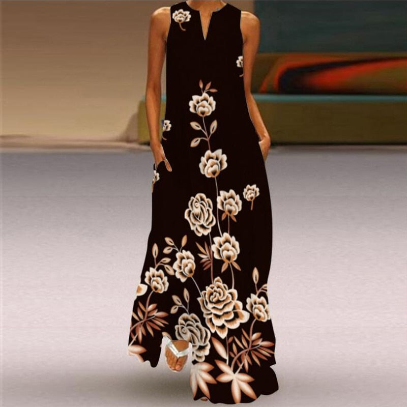 Summer Boho Sleeveless V-Neck Long Dress