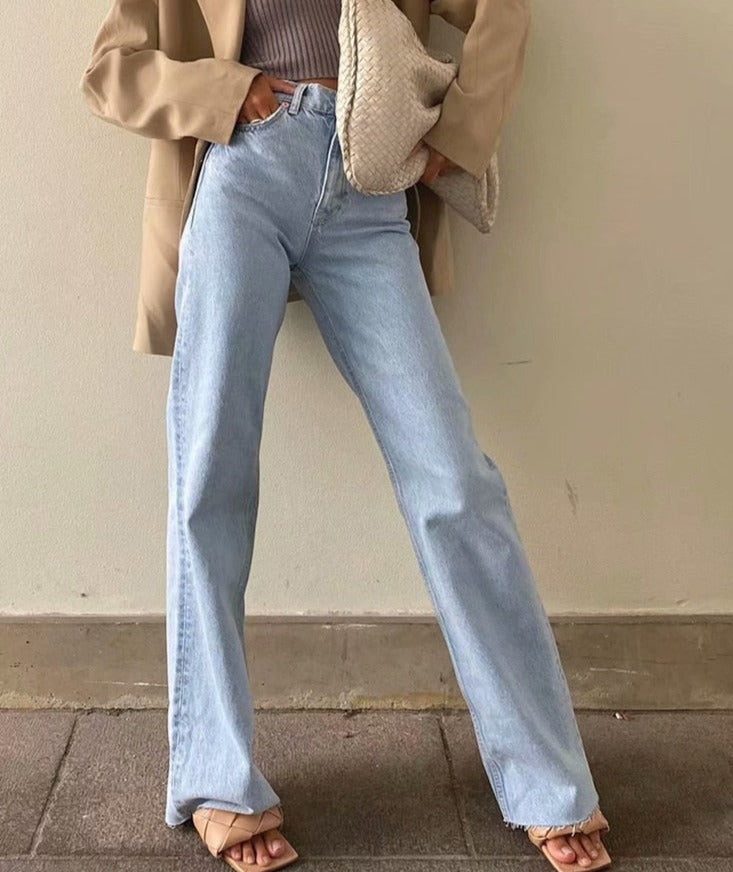 Women High Waist Streetwear Light Blue Pants