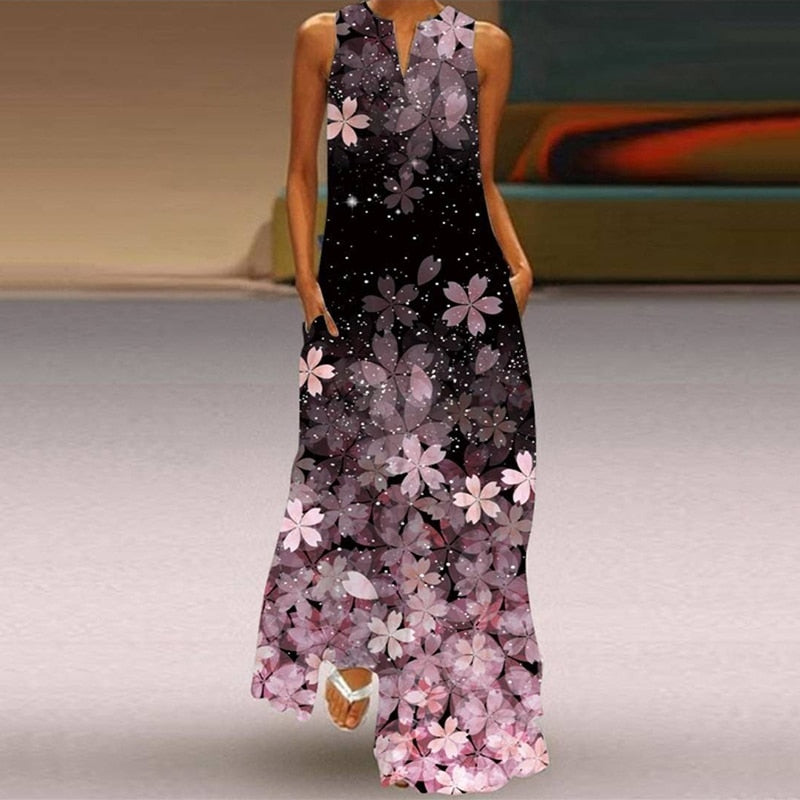 Summer Boho Sleeveless V-Neck Long Dress