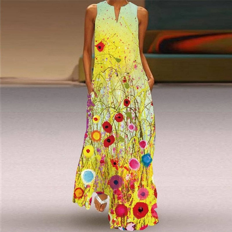 Summer Boho Sleeveless V-Neck Long Dress
