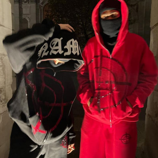 2022 Winter American Y2k High Street Red Black Hoodie