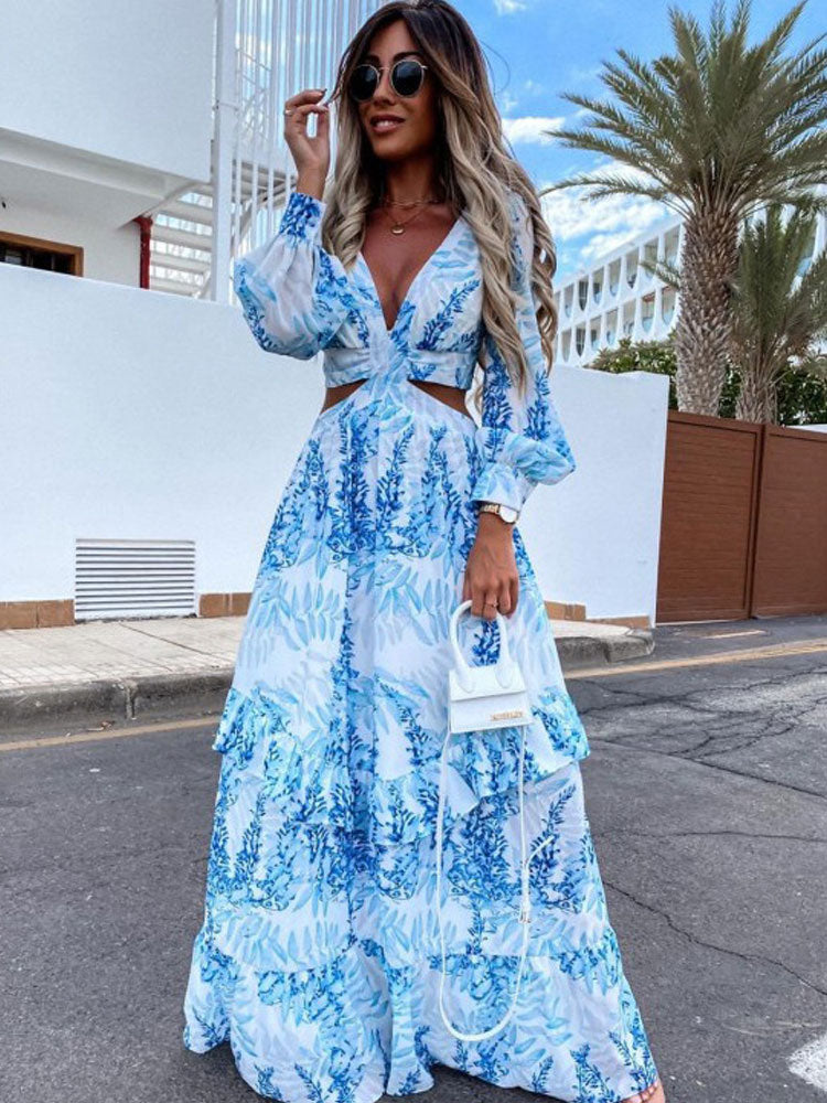 Female Hollow Out Lantern Sleeve Maxi Dress