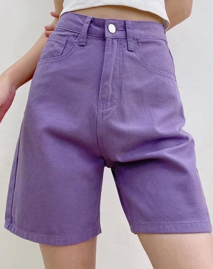 Summer High Waist Pockets Wide Leg Denim Shorts